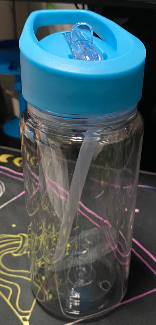 Clear water bottle with blue lid 