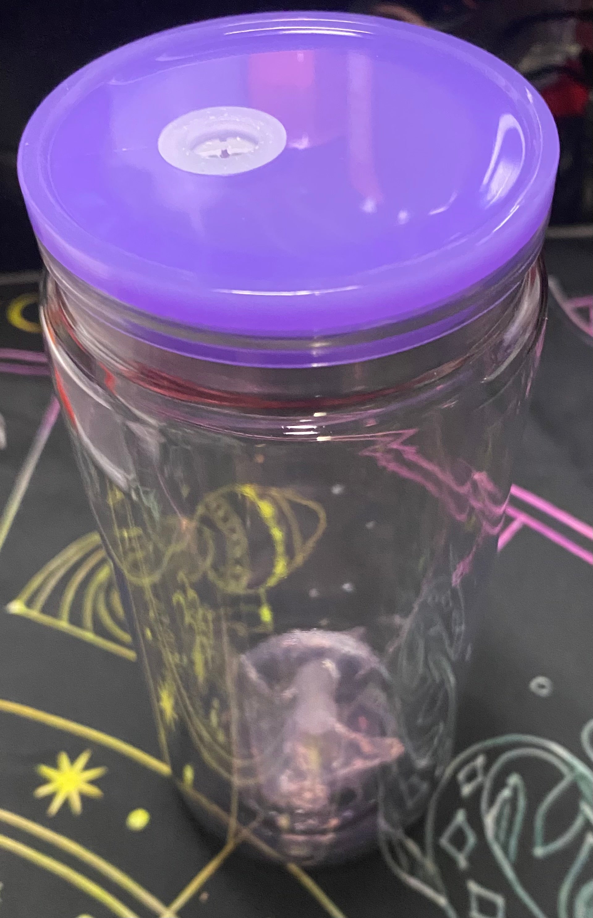 Clear tumbler with purple lid 